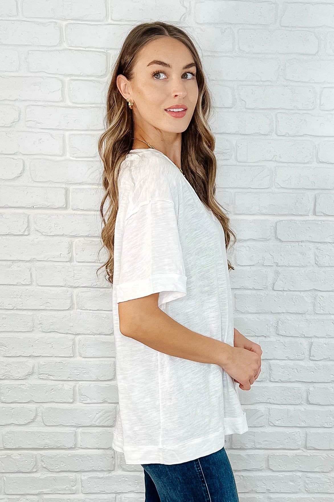 Basic Instinct Drop Shoulder V-Neck Tee in Ivory