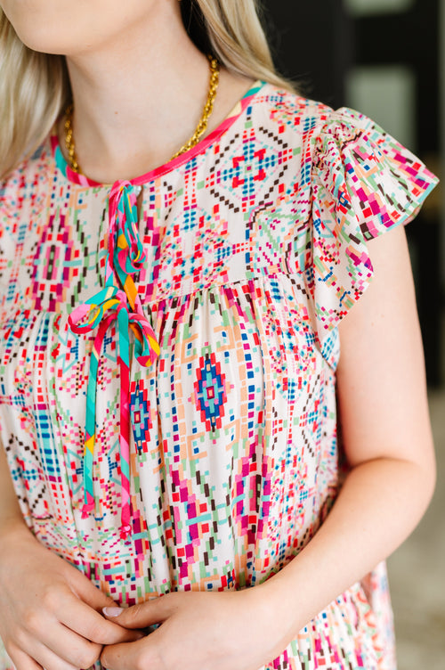 Boho and Behold Flutter Sleeve Dress in Blush/Fuchsia/Mint
