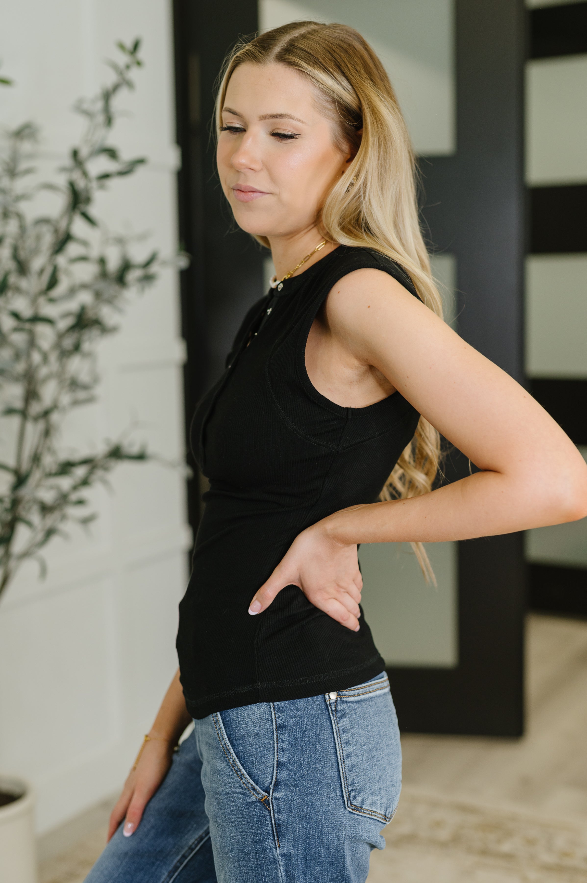 Everyday Edge Knit Henley Tank in Black