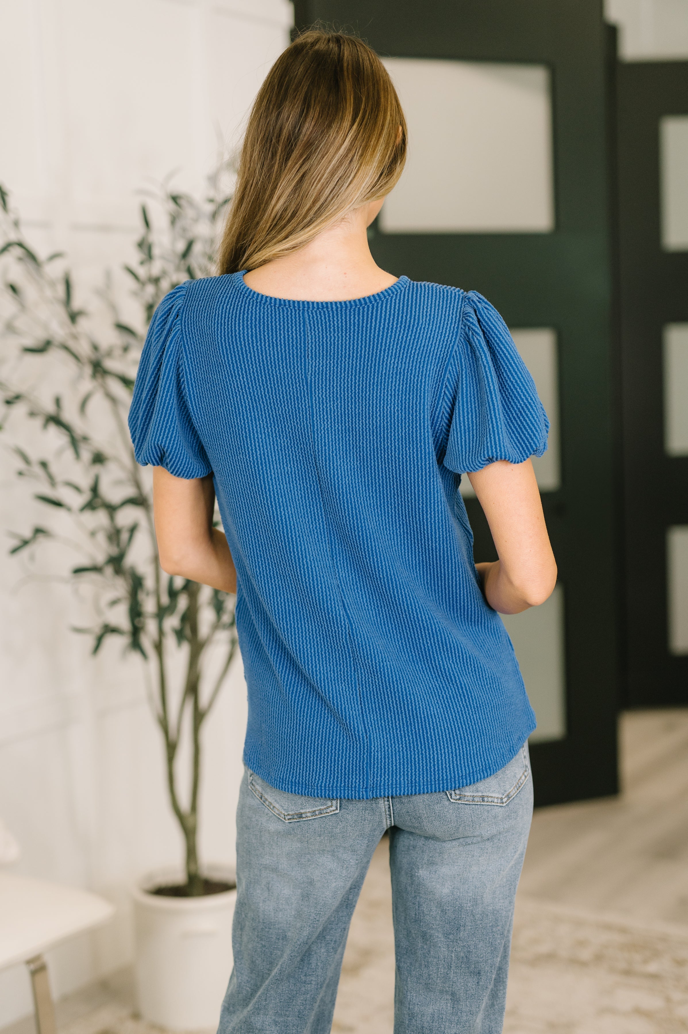 Grace & Virtue Balloon Sleeve Blouse in Ocean Blue