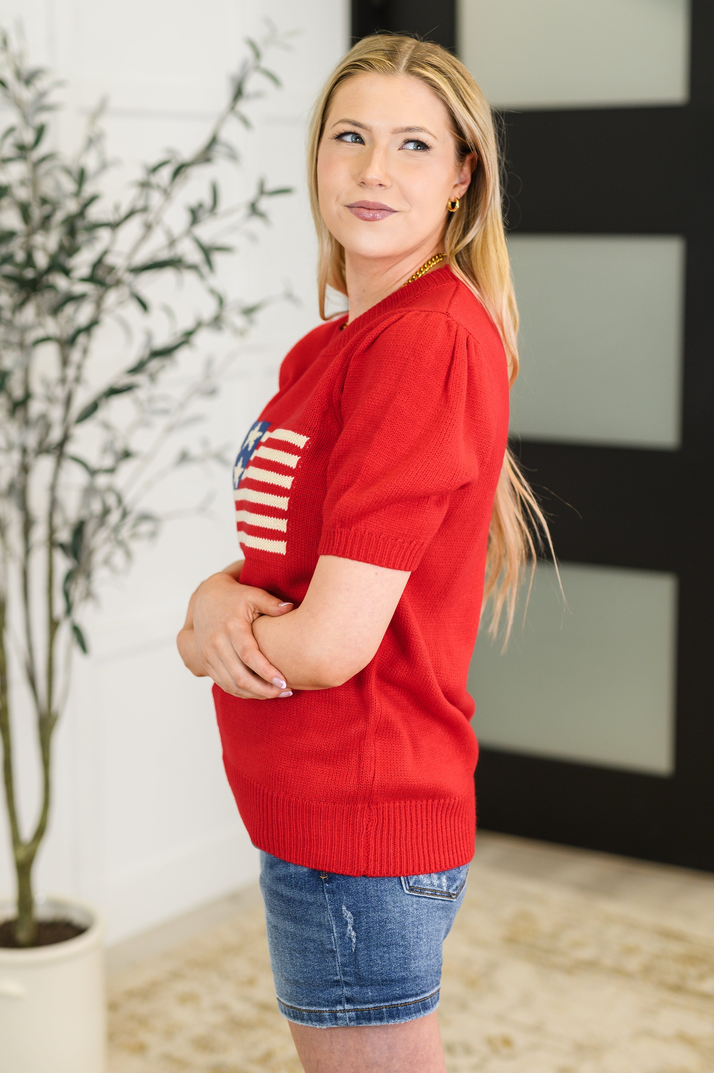 Hand Over Heart Graphic Knit Top in Red