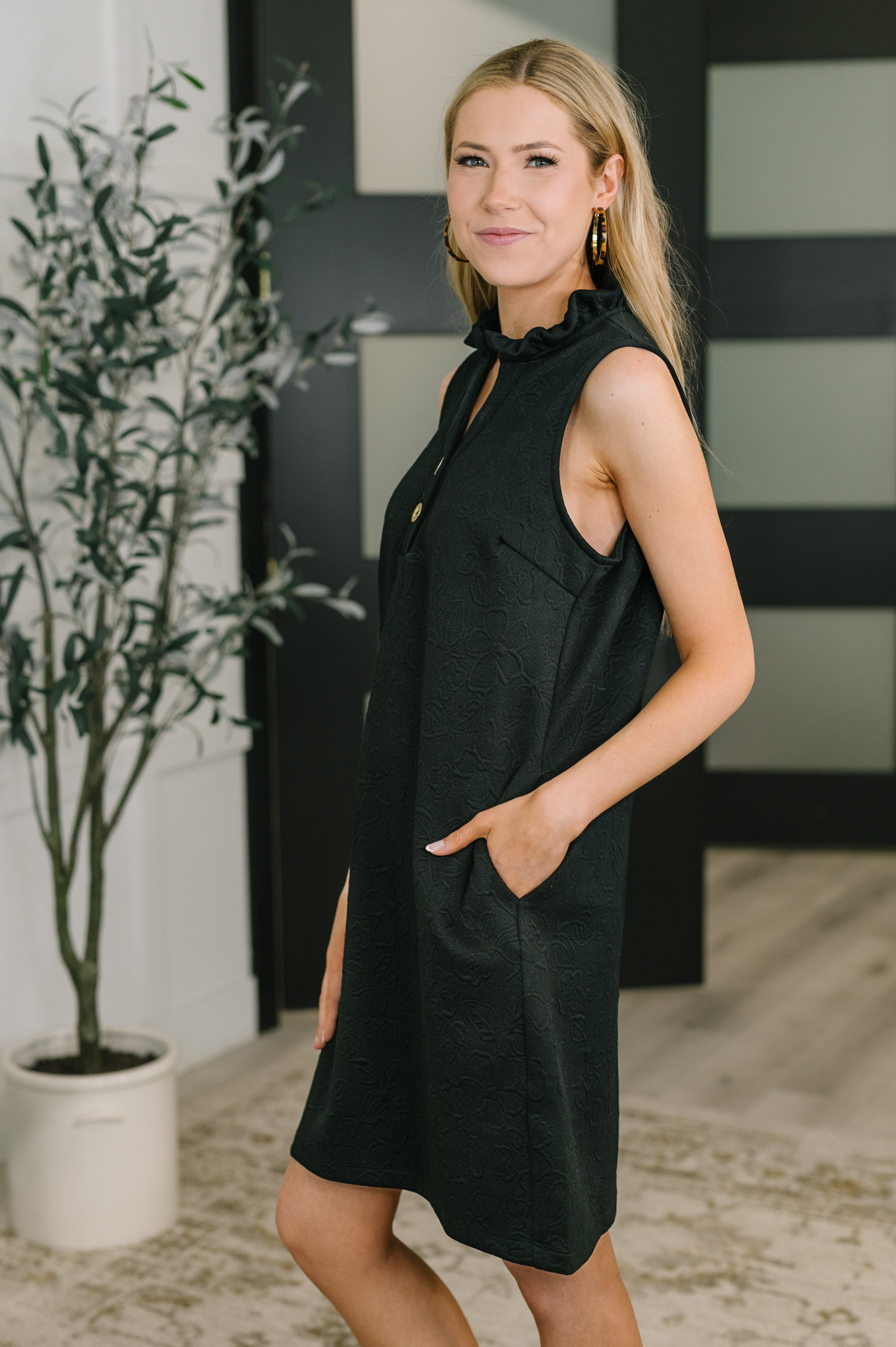 High Tide High Neck Embossed Sleeveless Dress in Black