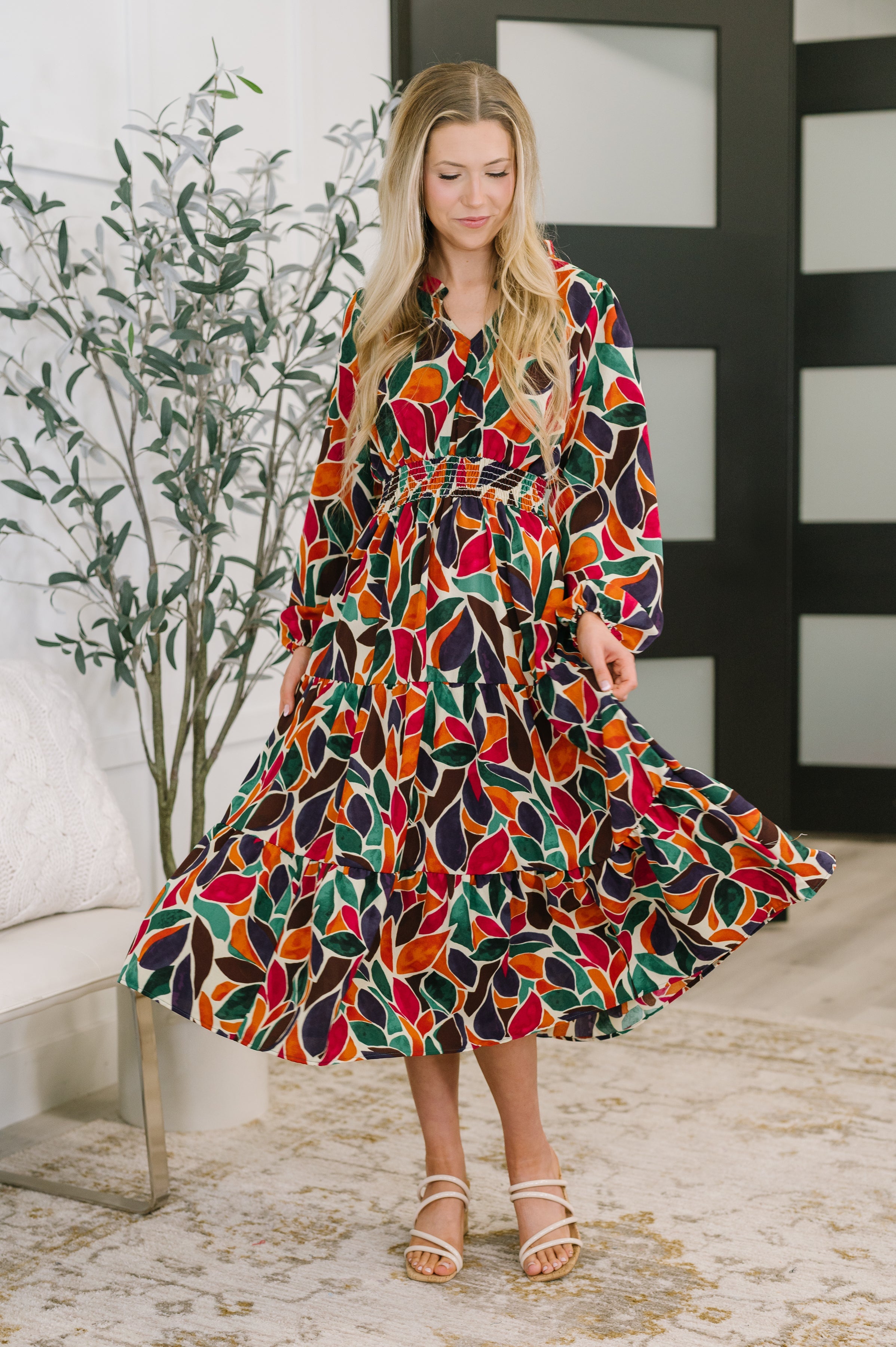 Leafing it All Behind Long Sleeve Tiered Dress
