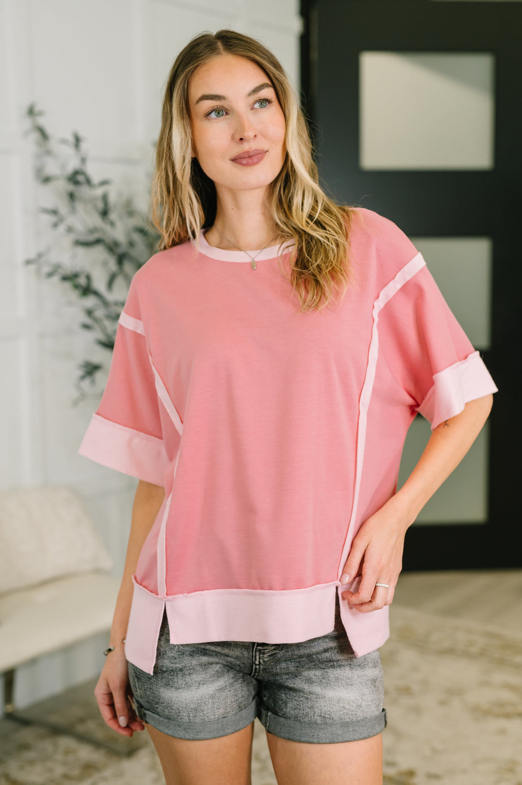 Like Two Old Friends Exposed Seam Top in Pink