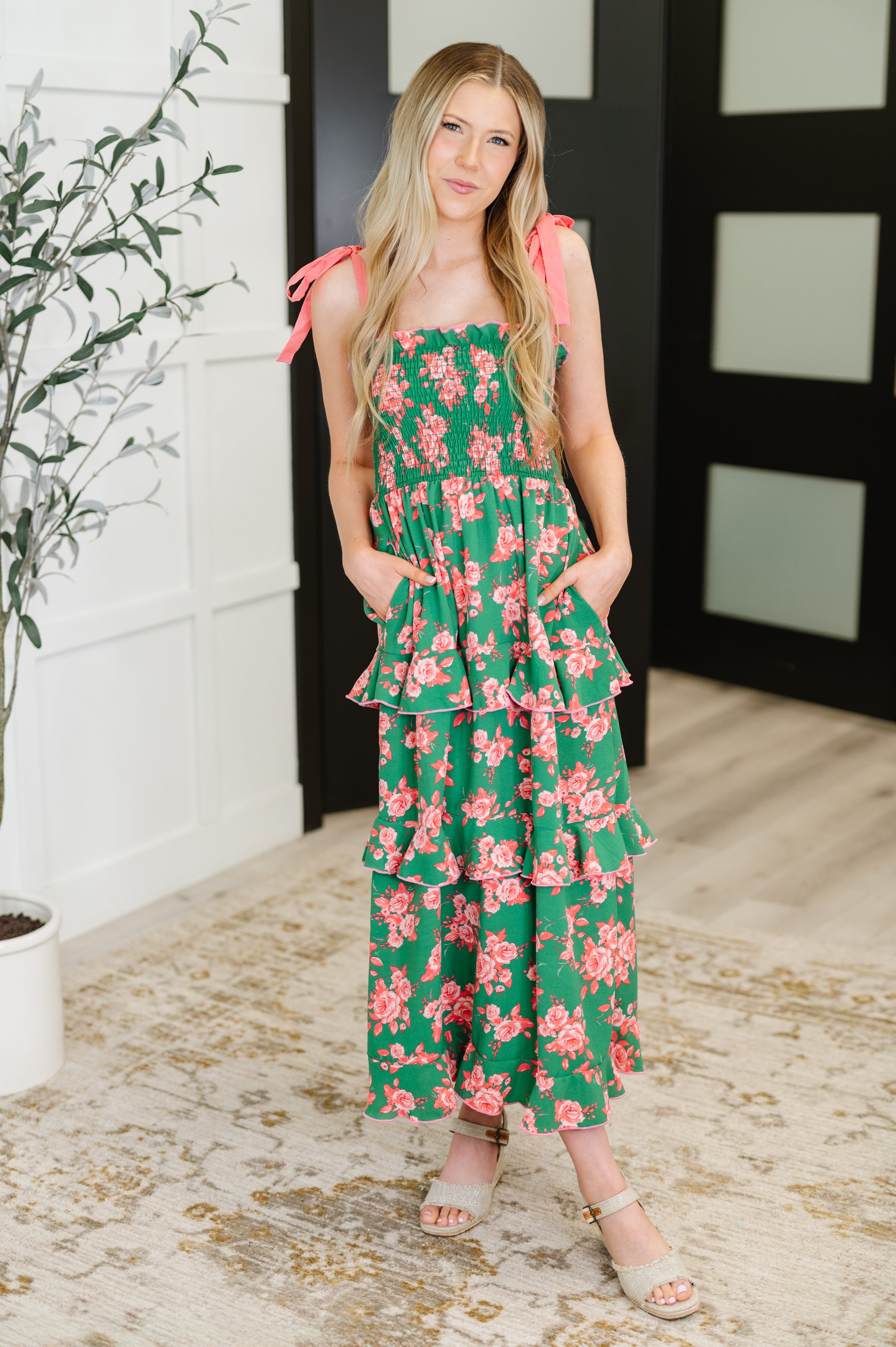 Low Effort, High Impact Tiered Dress in Green/Coral