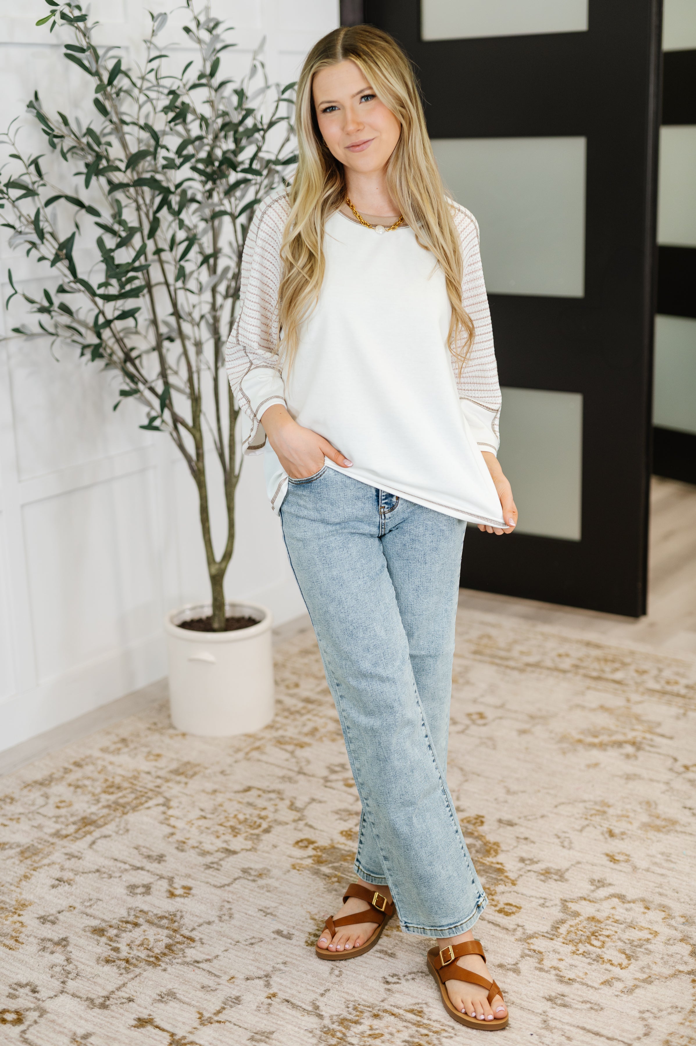 Preoccupied Striped Sleeve Top in Tan
