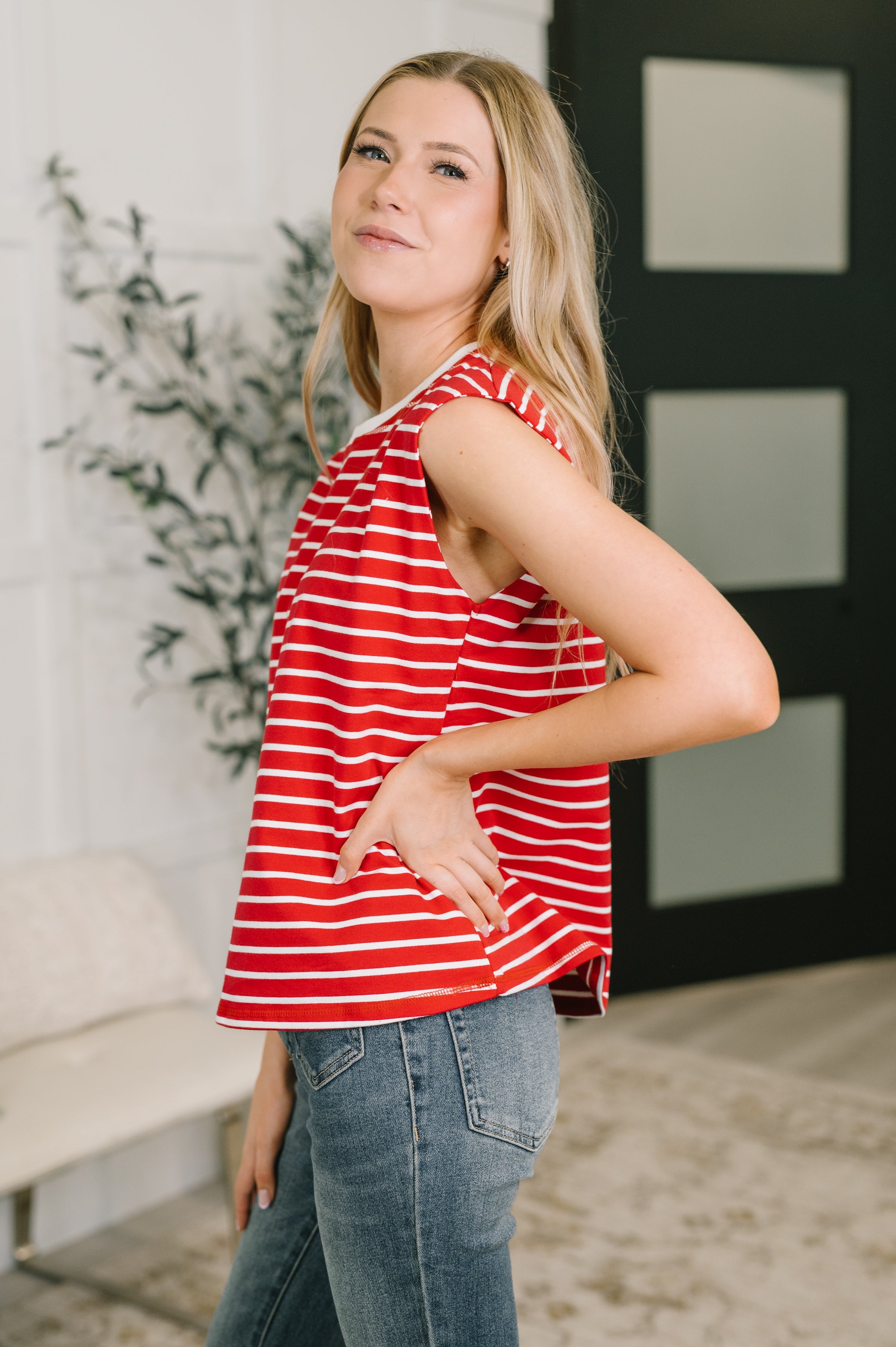Quite Intimately Striped Muscle Tee in Red
