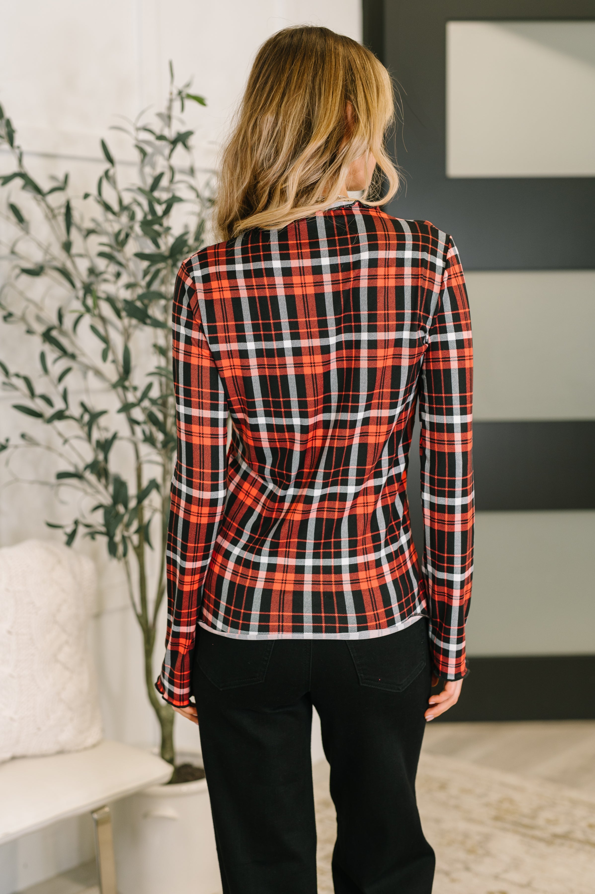 She's Always Changing Plaid Lettuce Hem Top