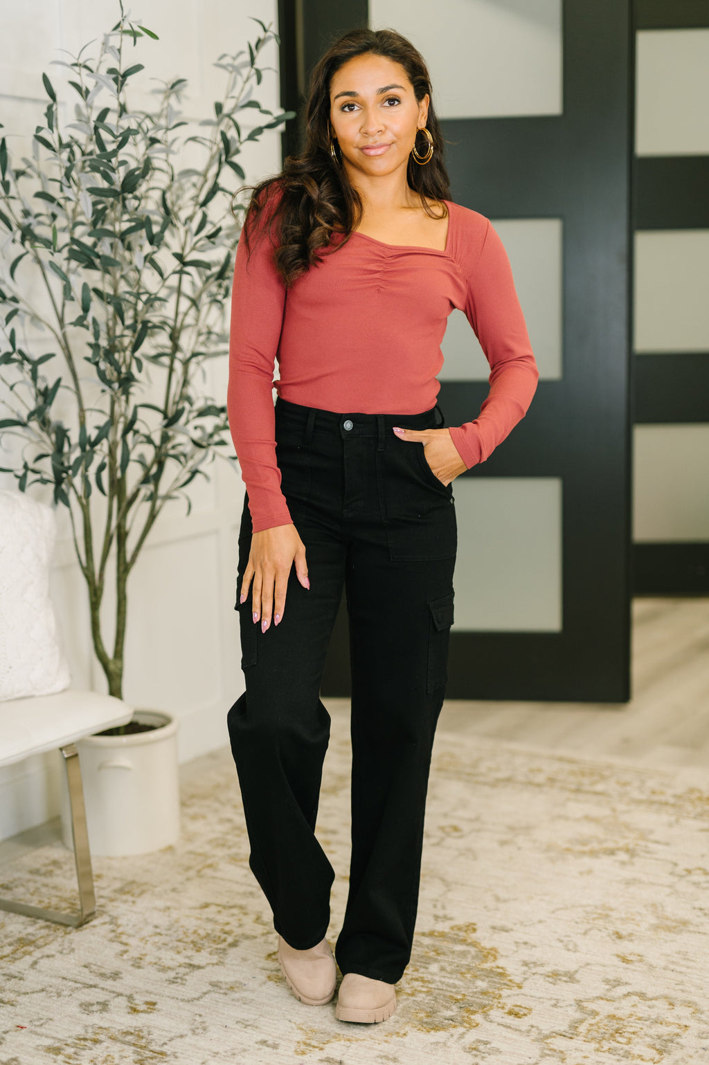 The Girls are Back in Town Long Sleeve Top in Burgundy