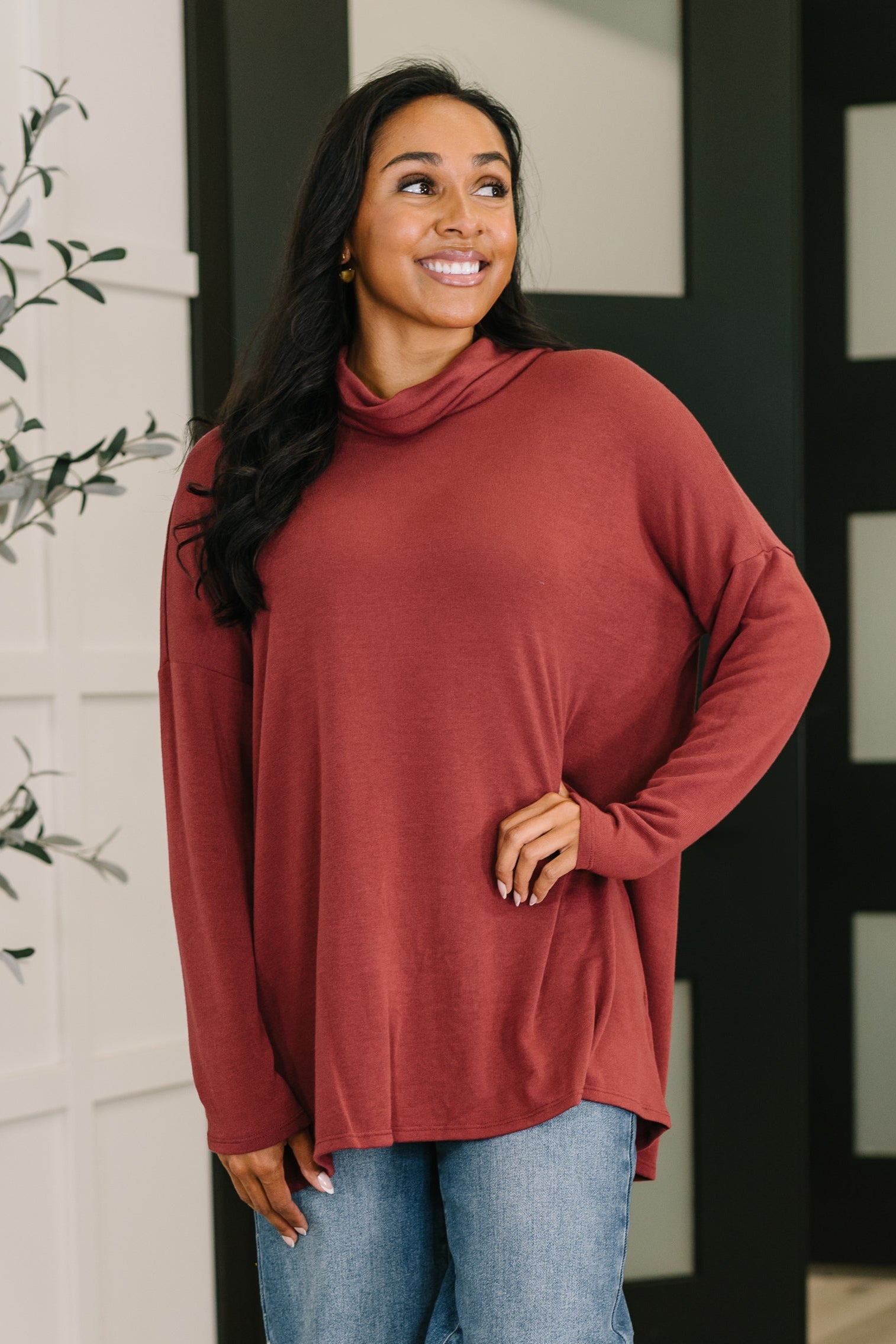 Travel Destination Cowl Neck Pullover in Wine