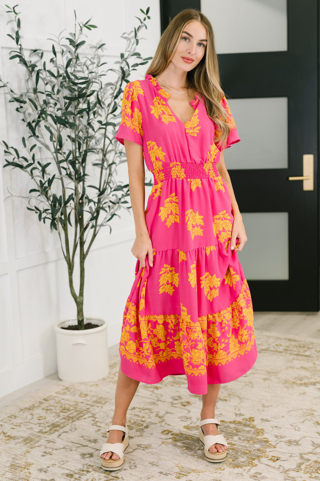 Whispering Willow V-Neck Dress in Fuchsia