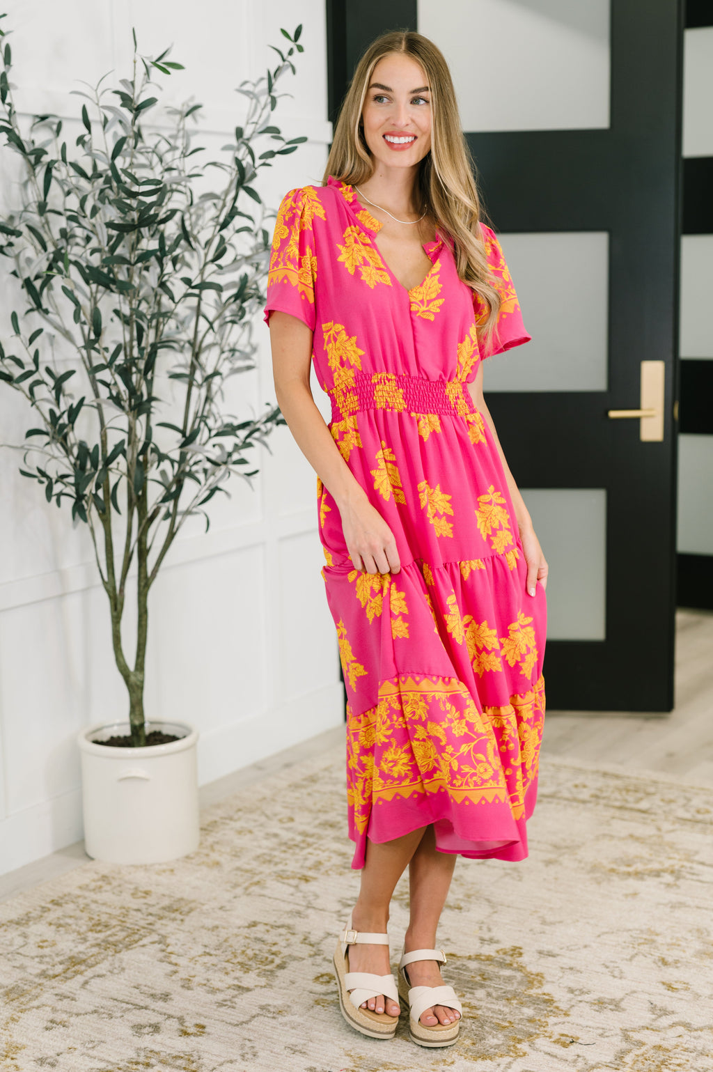 Whispering Willow V-Neck Dress in Fuchsia